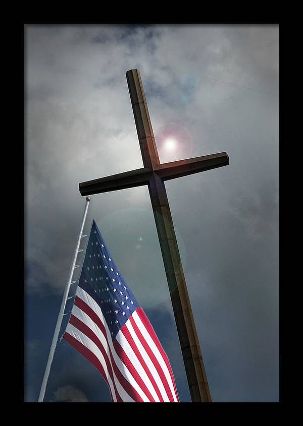 Fine Art Photo of a Christian Cross and US Flag