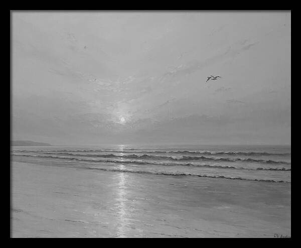 Tranquil Ocean Sunset Black and White Monet-Style Impressionist Seascape