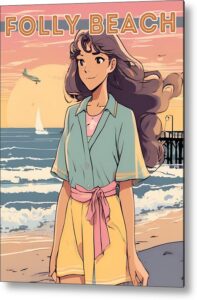 Folly Beach retro poster with girl.