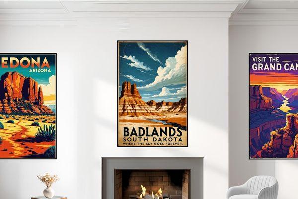 Badlands South Dakota Retro Travel Poster for Rustic Decor