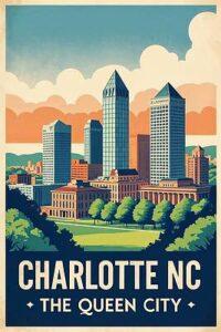 Charlotte NC retro travel poster home decor artwork