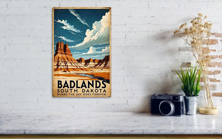 Badlands South Dakota Retro Travel Poster for Rustic Decor