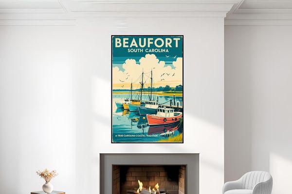 Retro poster representing Beaufort waterfront wall art