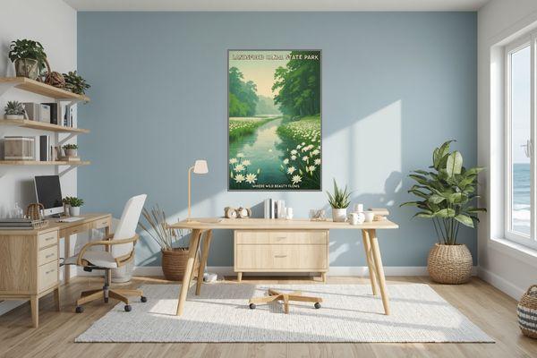 Vintage-style poster of the peaceful Landsford Canal State Park South Carolina
