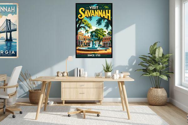 retro travel poster of Savannah Georgia Historic Fountain by Bob Pardue