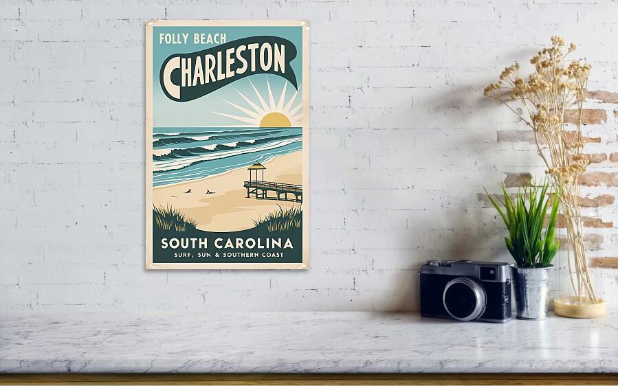 Folly Beach SC Sunset Retro Coastal Wall Art Print