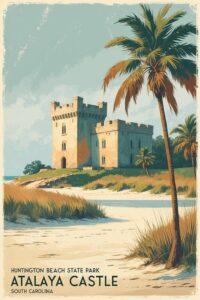 Retro travel poster of Huntington Island State Park South Carolina featuring Atalaya Castle by Bob Pardue