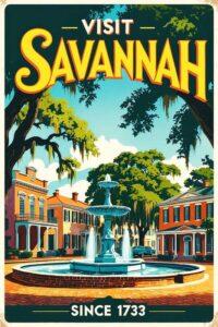 retro travel poster of Savannah Georgia Historic Fountain by Bob Pardue
