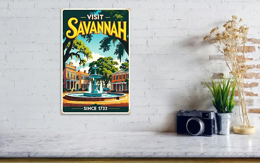 Savannah Georgia Historic Fountain Retro Poster for Vintage Wall Art